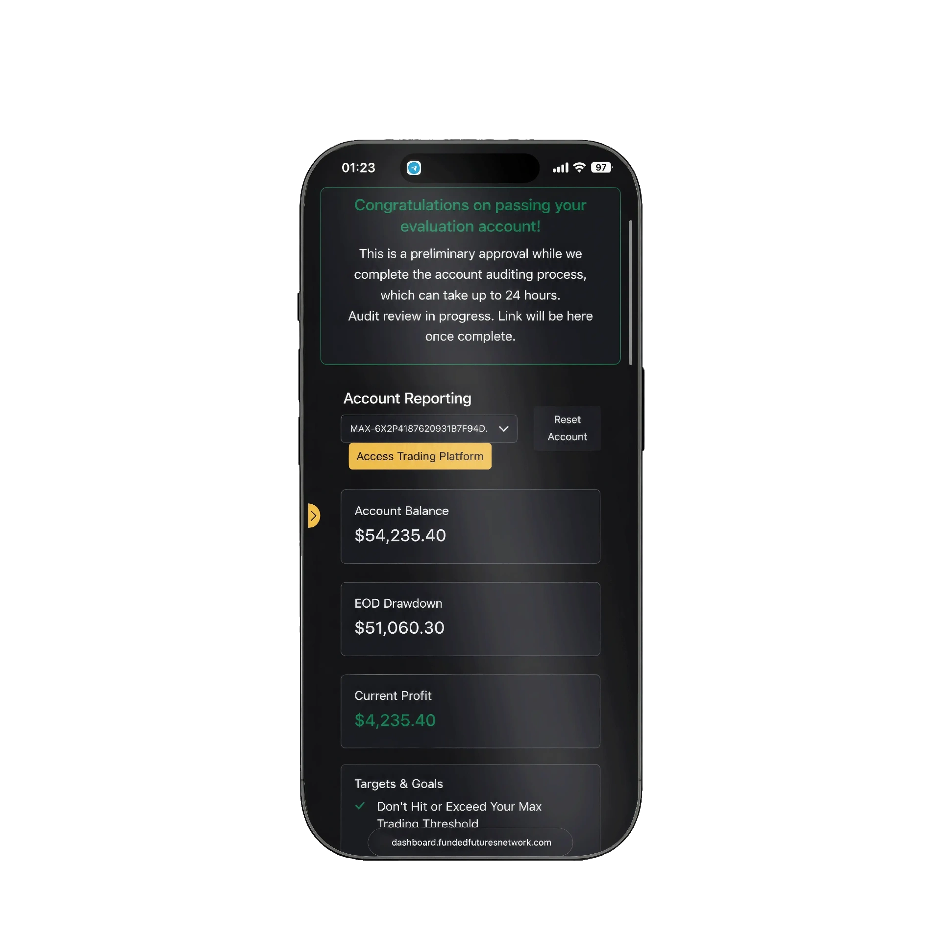 لقطة من تطبيق Funded Futures Network — حساب MAX 50K · رصيد $54,235 · ربح +$4,235